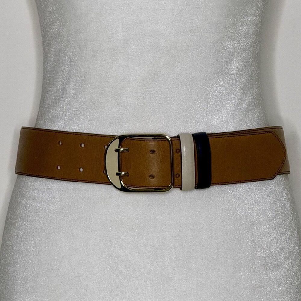 ANN TAYLOR Belt Women's S Brown Leather Blue Cream Double Gold Tone Buckle READ